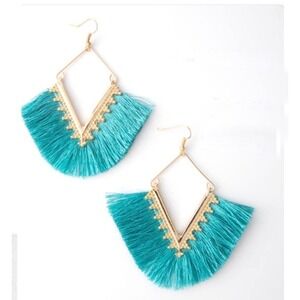 Jaymes Turquoise Tassel Fringe Fan Gold Tone Geometric Drop Statement Earrings